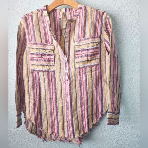 Elan linen coastal top blouse stripe new raw hem - Picture 1 of 9